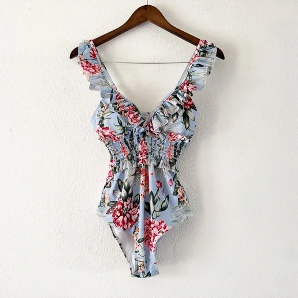 Chicwish Ruffled Floral Shirring Swim One-Piece Large NEW Soft Girl Romantic - Picture 2 of 15